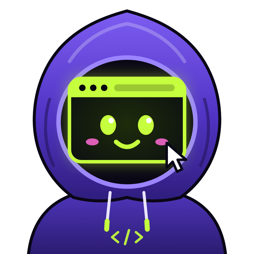 $ITOSHI, a hooded figure whose face is a smiling browser window